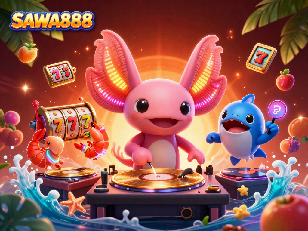 Experience thrilling gameplay at SAWA888 with vibrant slot reels and exciting characters in a dynamic scene.