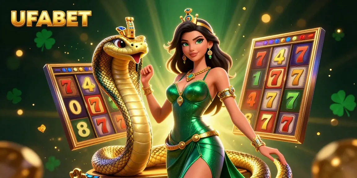 Experience thrilling slots at UFABET with a stunning woman in emerald gown and lively jackpot elements.