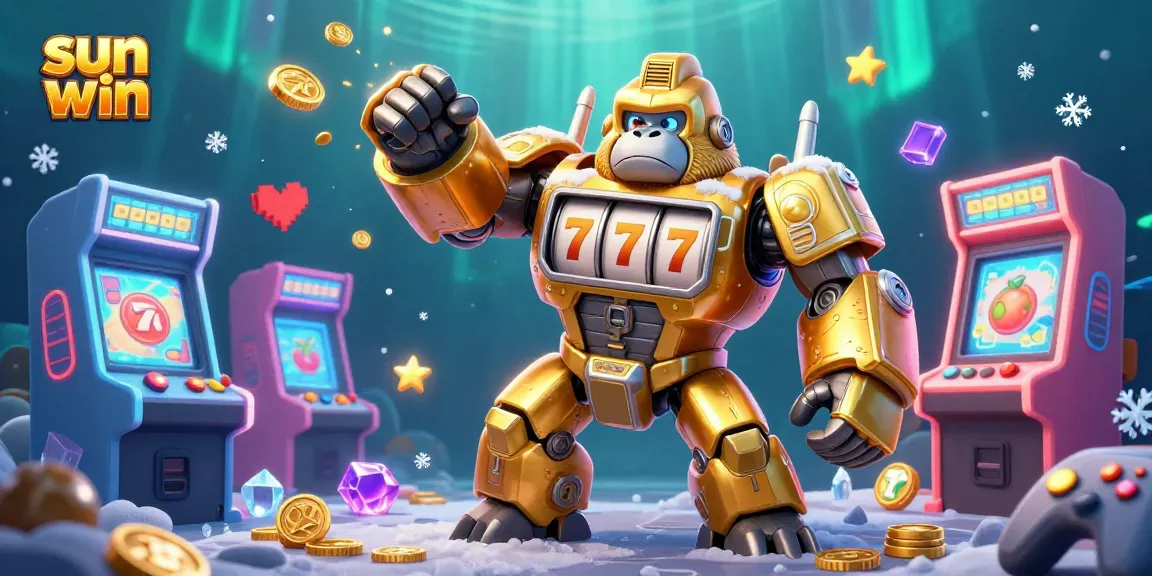 Experience the thrill of sun win with an epic scene of a golden gorilla mech and arcade machines.