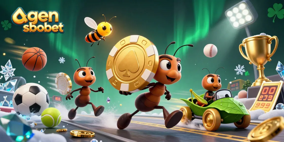 Ants carrying a giant poker chip while betting in a vibrant sports scene on agen sbobet.