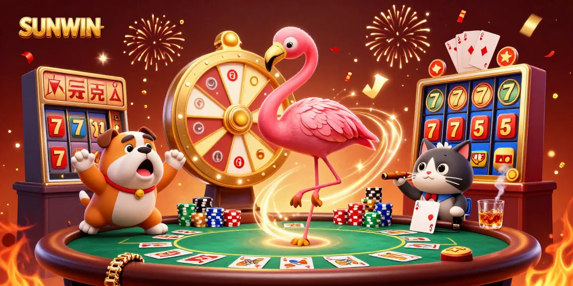 SUNWIN ignites excitement with a vibrant casino scene showcasing a game show host and playful characters.