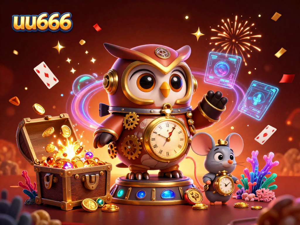 uu666 brings excitement with a vibrant 3D digital illustration showcasing a casino theme and lively characters.