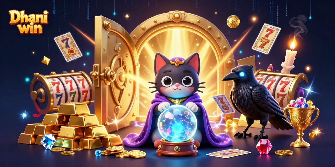 Dhani win slot gameplay illustration with mystical characters, gold treasures, and dynamic casino elements.