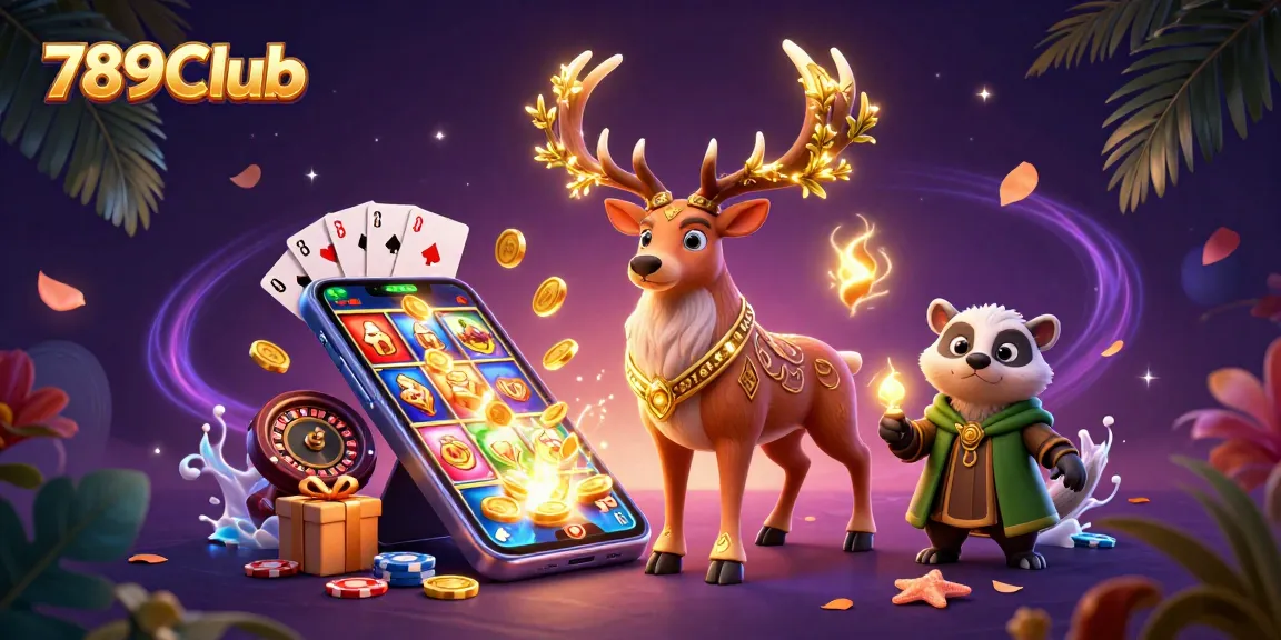 Experience the excitement of 789Club with a vibrant 3D illustration of casino games and magical characters.