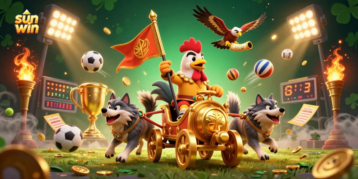 Engage in thrilling gameplay at sun win featuring a cartoon rooster warlord and sports elements.